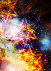 Obraz na płótnie Canvas Filigrane floral ornament with mandala shape on cosmic backgrond, computer collage.