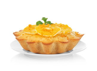 Delicious citrus cake on white background