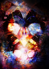 Plakat butterfly in cosmic space. Color cosmic abstract background.