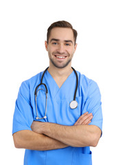 Fototapeta premium Handsome young medical assistant on white background