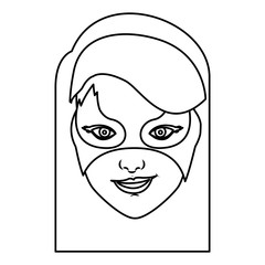 monochrome contour of girl superhero with hair straight and mask vector illustration