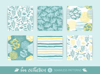 Set of Trendy sea seamless patterns with hand texture and geometric elements