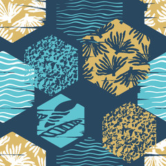 Trendy sea seamless pattern with hand texture and geometric elements.