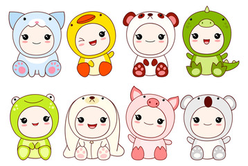 Set of cute children in different costumes of animal
