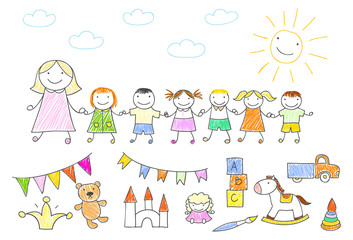 Obraz na płótnie Canvas Kindergarten teacher walking outdoor with kids holding hands