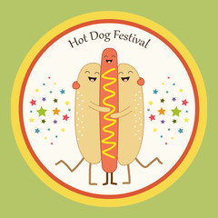 Cute Hot Dog flyer as smiling characters of buns and sausage hugging each other