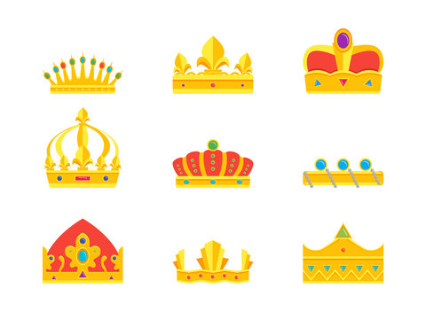 Cartoon Royal Golden Crown Icons Set. Vector
