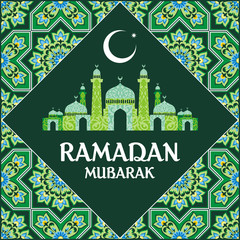 Ramadan greeting card with the image of the mosque, minarets and Middle East pattern in Moorish style. Vector template