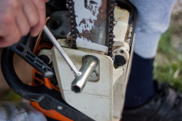 Woodman made a stop in the cutting of trees to sharpen and tighten the chain of chainsaws, hand with screwdriver