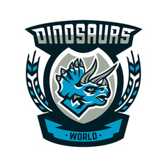 Colorful emblem, logo, dinosaur of the Jurassic period. Triceratops, badge, shield. Vector illustration