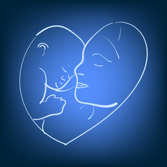 Vector illustration sketch mother with a small baby. Logo mom and newborn baby on an isolated background. Doodle hand-drawn line drawing. Woman holding infant. Side view of the profile.