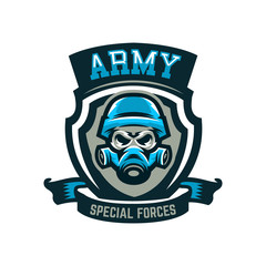 Colorful emblem, logo, military skull in helmet and gas mask. Military actions, conflict, war, soldier, warrior, sport, shield. Vector illustration, isolated objects