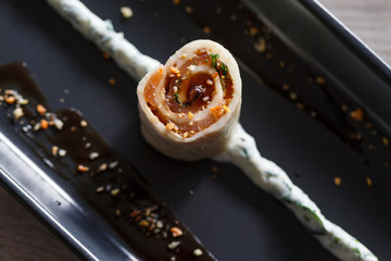 Mozarella roll with balsamico and salmon