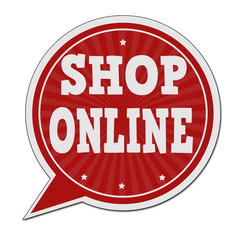 Shop online red speech bubble label or sign