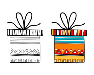 Black and white gift box for coloring book. Packaging, festive illustration.