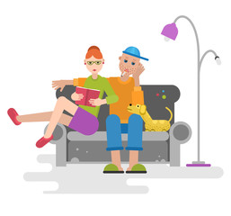 Man, woman and dog sitting on the couch with book and cigarette. Flat design style. Vector illustration.