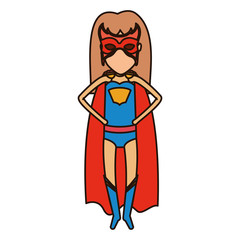 colorful silhouette with superhero faceless woman flying with hands in your waist and closed eyes vector illustration