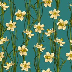 Elegance Seamless pattern with flowers daffodils, vector floral illustration in vintage style. Blue-green background