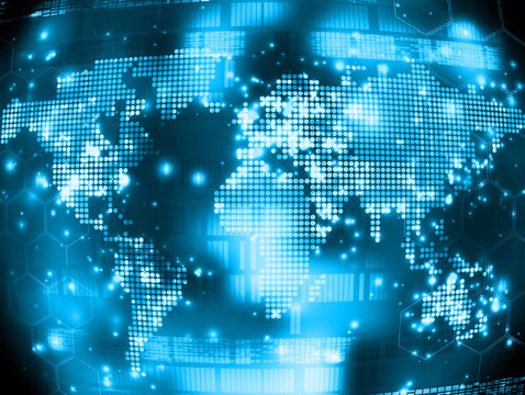 Abstract technology illustration with wordl map, dots and lines