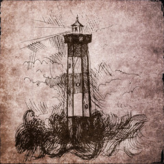 Lighthouse hand draw illustration. Old paper background with lighthouse sketch. Vintage style of lighthouse picture.