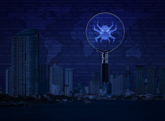 Virus computer icon on magnifying glass with office city tower, river, digital world map and binary code, Business internet security concept, Elements of this image furnished by NASA