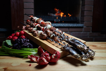 Delicious, appetizing shish kebab with ripe vegetables. Food, taste, beauty, still life, beauty, appetite.