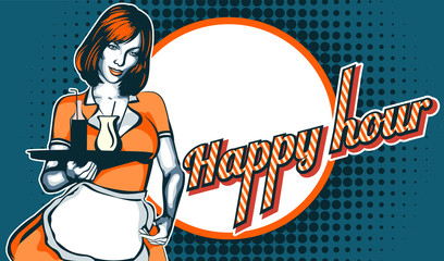 Waitress with the tray.Happy hour. Flyer for a bar or nightclub.