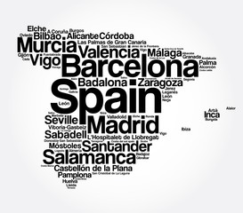 List of cities and towns in SPAIN, map word cloud collage, business and travel concept background