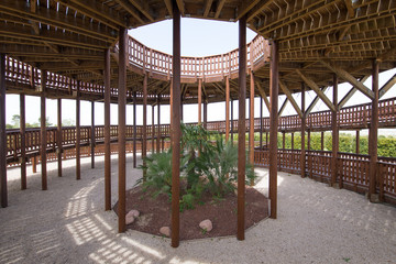 inside view of wooden lookout tower, with circular ramp, in public park named Felipe VI or Forest Park Valdebebas, in Madrid city, Spain
