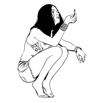 Woman naked legs smoke marijuana. Vector image.