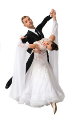 ballrom dance couple in a dance pose isolated on white bachground