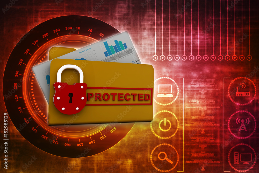Poster yellow folder and lock. data security concept. 3d rendering