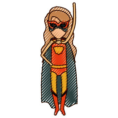 colored pencil silhouette with superhero faceless girl with long hair flying with arm up vector illustration