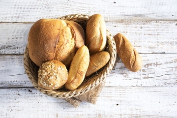 Freshly baked bread on wooden table
