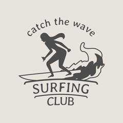 Surfing club logo or symbol design with female surfer on surfboard