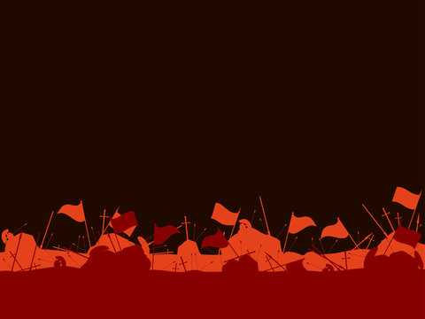 Medieval Battlefield. After The Battle. Flags, Swords, Spears And Arrows. Vector Illustration