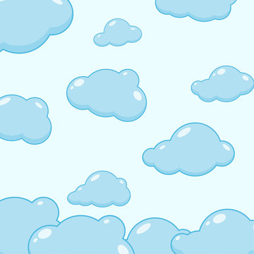 Abstract Background With Cartoon Cloudy. Cloud Vector Icons. Sky Blue Atmospheric Bubbles. Comic Nature Cloudscape Weather Symbols. Cute Childish Illustration.