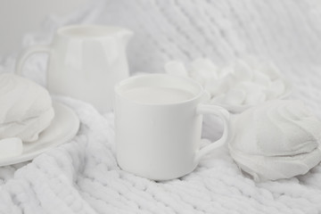 breakfast, plate of marshmellow, white zephyr and milk in coffee cup on white background, still life in white. monochrome setting, high key, front view