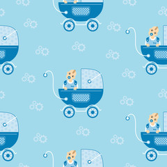 Naklejka premium Blue stroller for the boy. Seamless pattern. Vector illustration.