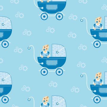 Blue stroller for the boy. Seamless pattern. Vector illustration.