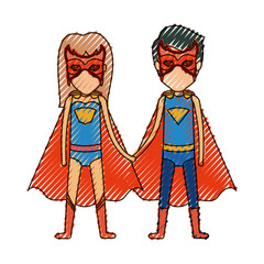 colored pencil silhouette with faceless duo of superheroes united of the hands and her with long hair vector illustration
