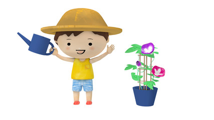 じょうろで朝顔の花に水をやるこどもの人形