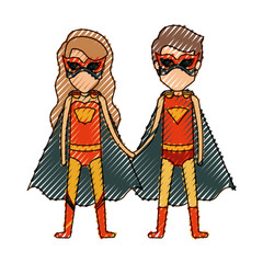 colored pencil silhouette with faceless couple of superheroes united of the hands and her with long wavy hair vector illustration