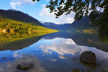 Colorful spring morning on the Bohinj lake in Triglav national park Slovenia, Alps, Europe