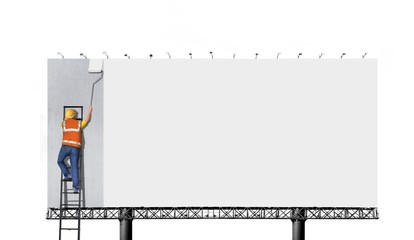 Man on ladder painting on billboard
