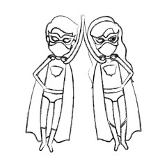 monochrome blurred contour of faceless of couple of superheroes flying and holding hands vector illustration