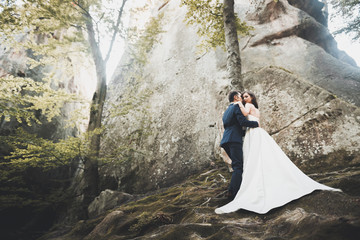 Gorgeous bride, groom kissing and hugging near the cliffs with stunning views
