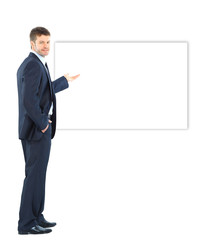 Happy business man presenting and showing with copy space for your text isolated on white background