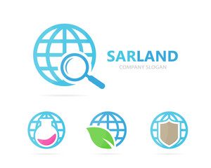 Vector of planet and loupe logo combination. World and magnifying glass symbol or icon. Unique globe and search logotype design template.