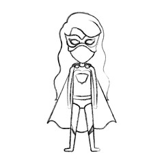 monochrome blurred contour faceless of standing girl superhero with long wavy hair vector illustration